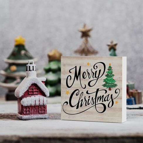 شجرة عيد الميلاد المرحة الرجعية مع علامة صندوق خشبي على شكل نجمة، ديكور عمل فني لبيت المزرعة لعيد الميلاد سانتا، علامات مربعة خشبية للمكتب، علامات على رف المنزل، ديكور المكتب، 5 × 5 بوصات in Kuwait