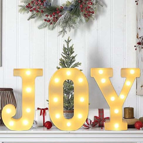 Christmas Home Decorations,3 LED Marquee Light Up Joy Sign Letters Lights,Battery Operated Christmas Indoor Decorations for Fireplace Mantle Home Bedroom Bar Party Wall Xmas Decor,White in Kuwait