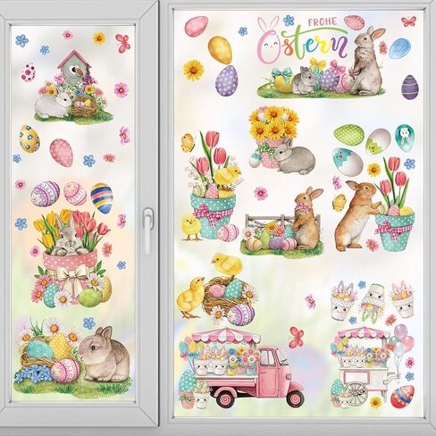 ALIBBON 9 Sheet Easter Window Clings Vintage Easter Bunny Window Stickers for Glass Easter Eggs Non Adhesive Window Stickers Decals Spring Flower Static Cling for Easter Spring Window Decoration in Kuwait