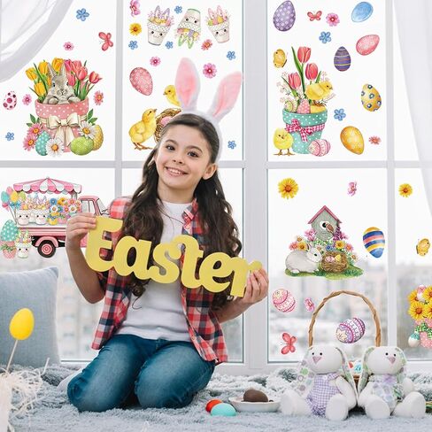 ALIBBON 9 Sheet Easter Window Clings Vintage Easter Bunny Window Stickers for Glass Easter Eggs Non Adhesive Window Stickers Decals Spring Flower Static Cling for Easter Spring Window Decoration in Kuwait