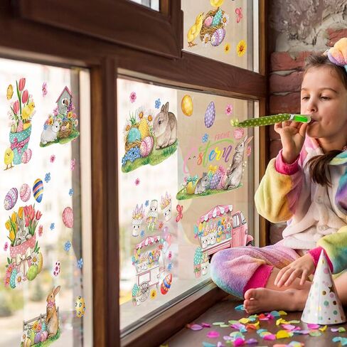 ALIBBON 9 Sheet Easter Window Clings Vintage Easter Bunny Window Stickers for Glass Easter Eggs Non Adhesive Window Stickers Decals Spring Flower Static Cling for Easter Spring Window Decoration in Kuwait