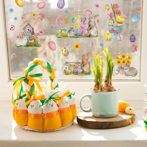 ALIBBON 9 Sheet Easter Window Clings Vintage Easter Bunny Window Stickers for Glass Easter Eggs Non Adhesive Window Stickers Decals Spring Flower Static Cling for Easter Spring Window Decoration in Kuwait