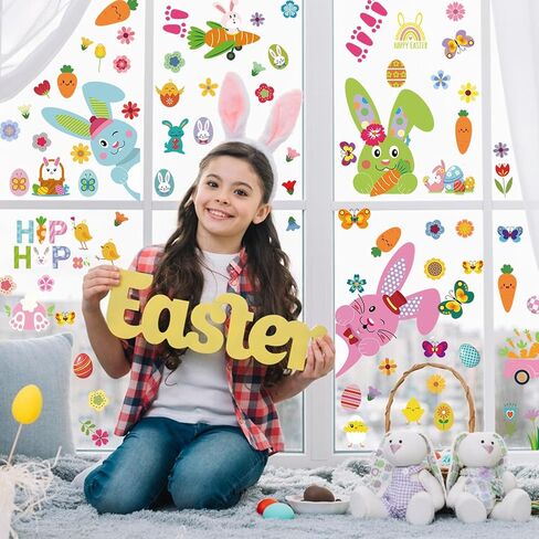 ALIBBON 9 Sheet Easter Window Clings Vintage Easter Bunny Window Stickers for Glass Easter Eggs Non Adhesive Window Stickers Decals Spring Flower Static Cling for Easter Spring Window Decoration in Saudi Arabia