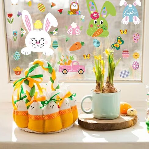 ALIBBON 9 Sheet Easter Window Clings Vintage Easter Bunny Window Stickers for Glass Easter Eggs Non Adhesive Window Stickers Decals Spring Flower Static Cling for Easter Spring Window Decoration in Saudi Arabia