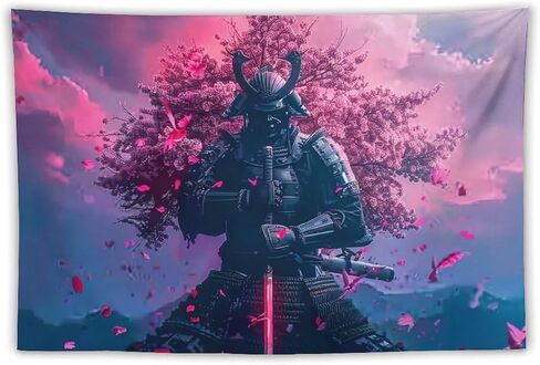 BLPOTA Japanese Samurai Tapestry,Japanese Samurai Cherry Blossom Cool Red Wall Tapestry Large Tapestry Wall Decor for Bedroom Aesthetic Living Room Background Decor 40""x60"", style in Saudi Arabia
