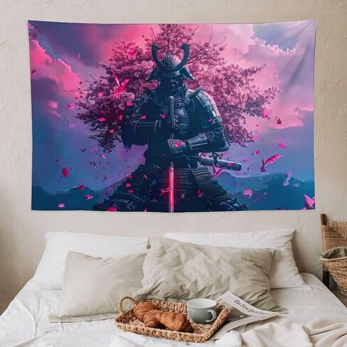 BLPOTA Japanese Samurai Tapestry,Japanese Samurai Cherry Blossom Cool Red Wall Tapestry Large Tapestry Wall Decor for Bedroom Aesthetic Living Room Background Decor 40""x60"", style in Saudi Arabia