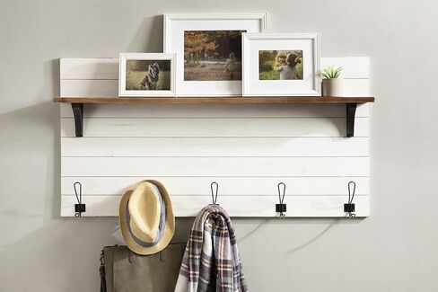 Kate and Laurel Jeran Wood Wall Shelf with 5 Hooks, White in Saudi Arabia