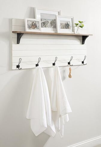 Kate and Laurel Jeran Wood Wall Shelf with 5 Hooks, White in Saudi Arabia