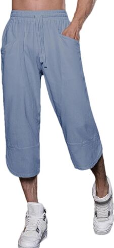 Men's Summer Capri Pants Elastic Waist with Drawstring Cotton Linen Casual Beach Pants with Pockets in Kuwait