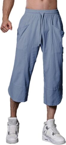 Men's Summer Capri Pants Elastic Waist with Drawstring Cotton Linen Casual Beach Pants with Pockets in Kuwait