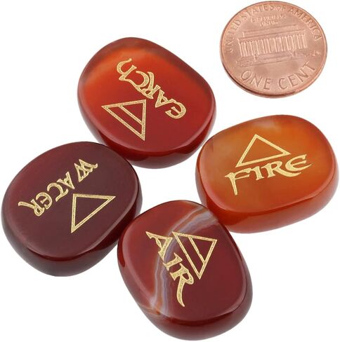 SUNYIK Set of 4 Oval Engraved Triangle Symbol with Four Elements Palm Stone Kit for Reiki Healing Mediation, Carnelian in Saudi Arabia