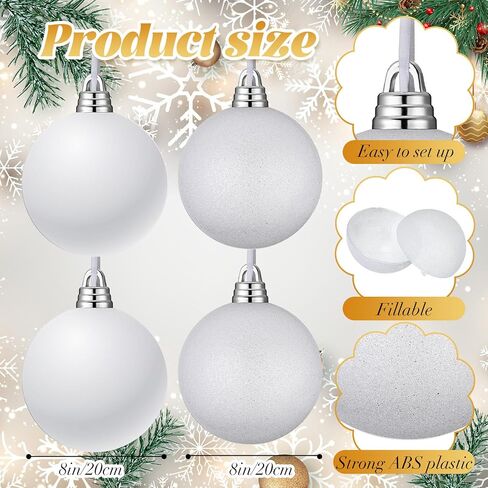Hiboom 4 Pcs 8 Inch Large Christmas Ball Ornaments Shatterproof Hanging Tree Ornament Balls Decorations Vintage Plastic Ball Ornament with Hanging Loop Christmas Decorations for Holiday (White) in Saudi Arabia