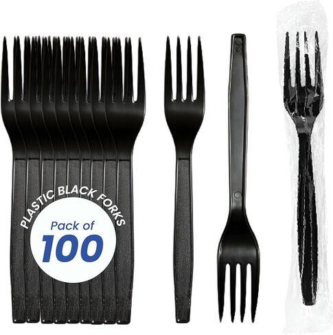 شوكات بلاستيكية سوداء ثقيلة الوزن مقاس 7.25 سم / مغلفة بشكل فردي - عبوة من 100 قطعة in Kuwait