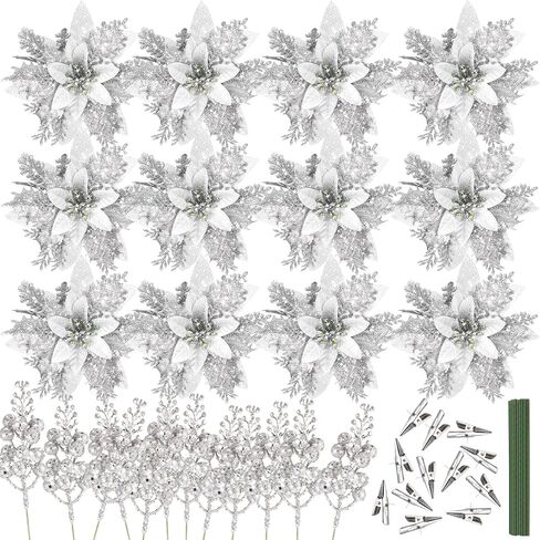 Hanaive 24 Pcs Silver Christmas Tree Poinsettia Flowers Decorations with Clips and Stems Artificial Tree Branches Decoration Poinsettia Flowers Glitter Berry Stems for Wedding Party in Saudi Arabia