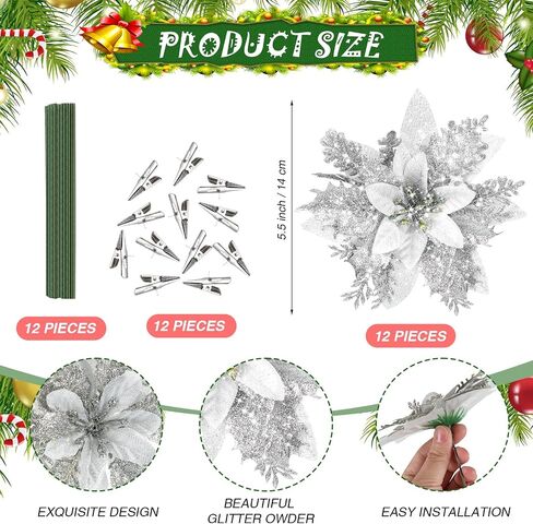 Hanaive 24 Pcs Silver Christmas Tree Poinsettia Flowers Decorations with Clips and Stems Artificial Tree Branches Decoration Poinsettia Flowers Glitter Berry Stems for Wedding Party in Saudi Arabia