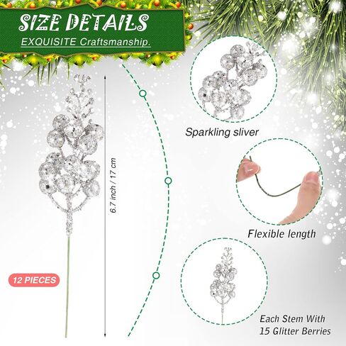 Hanaive 24 Pcs Silver Christmas Tree Poinsettia Flowers Decorations with Clips and Stems Artificial Tree Branches Decoration Poinsettia Flowers Glitter Berry Stems for Wedding Party in Saudi Arabia