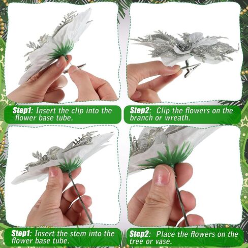 Hanaive 24 Pcs Silver Christmas Tree Poinsettia Flowers Decorations with Clips and Stems Artificial Tree Branches Decoration Poinsettia Flowers Glitter Berry Stems for Wedding Party in Saudi Arabia