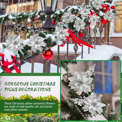 Hanaive 24 Pcs Silver Christmas Tree Poinsettia Flowers Decorations with Clips and Stems Artificial Tree Branches Decoration Poinsettia Flowers Glitter Berry Stems for Wedding Party in Saudi Arabia