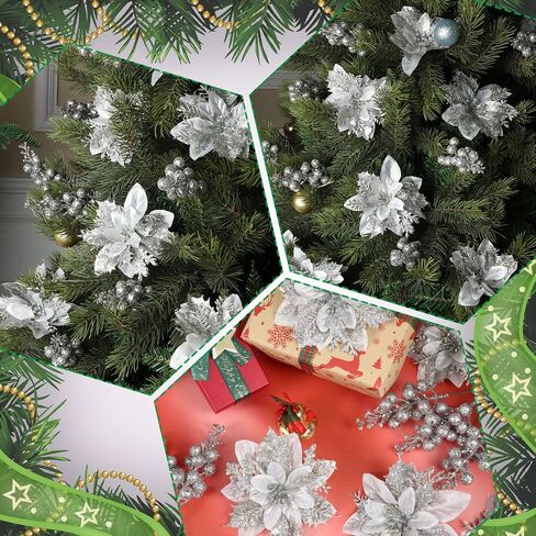 Hanaive 24 Pcs Silver Christmas Tree Poinsettia Flowers Decorations with Clips and Stems Artificial Tree Branches Decoration Poinsettia Flowers Glitter Berry Stems for Wedding Party in Saudi Arabia