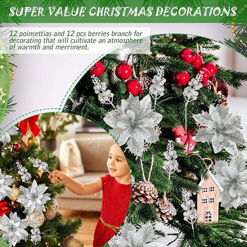 Hanaive 24 Pcs Silver Christmas Tree Poinsettia Flowers Decorations with Clips and Stems Artificial Tree Branches Decoration Poinsettia Flowers Glitter Berry Stems for Wedding Party in Saudi Arabia