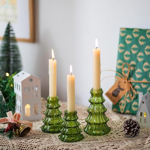 حامل شموع شجرة عيد الميلاد من glasseam: مجموعة من 3 حاملات شمعدان زجاجية للشموع المستدقة، حامل شموع عصا شموع حديثة، حامل شموع مستدقة خضراء مضلعة لهدايا الزينة المركزية للطاولة in Kuwait