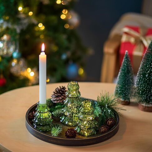 حامل شموع شجرة عيد الميلاد من glasseam: مجموعة من 3 حاملات شمعدان زجاجية للشموع المستدقة، حامل شموع عصا شموع حديثة، حامل شموع مستدقة خضراء مضلعة لهدايا الزينة المركزية للطاولة in Kuwait