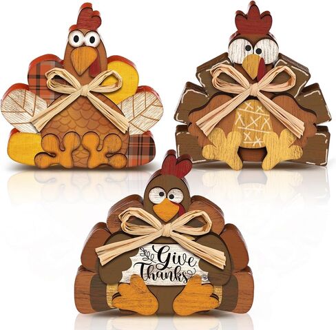 Ferraycle 3 Pcs Thanksgiving Turkey Decor Fall Decor Autumn Farmhouse Sign Rustic Tiered Tray Decorations Table Centerpieces Standing Wooden Block Sign for Halloween Home Kitchen in Saudi Arabia