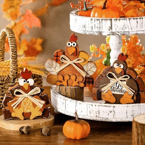 Ferraycle 3 Pcs Thanksgiving Turkey Decor Fall Decor Autumn Farmhouse Sign Rustic Tiered Tray Decorations Table Centerpieces Standing Wooden Block Sign for Halloween Home Kitchen in Saudi Arabia