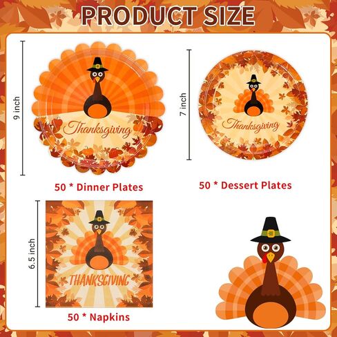 DYLIVeS Thanksgiving Plates and Napkins Set, 150 Pcs Harvest Paper Plates Pumpkin Autumn Fall Disposable Dinnerware Tableware Thanksgiving Party Supplies Fall Party Decorations, Serve 50 in Kuwait