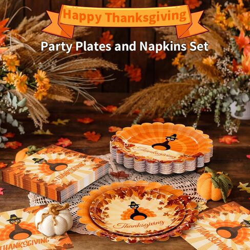 DYLIVeS Thanksgiving Plates and Napkins Set, 150 Pcs Harvest Paper Plates Pumpkin Autumn Fall Disposable Dinnerware Tableware Thanksgiving Party Supplies Fall Party Decorations, Serve 50 in Kuwait