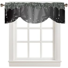 Shining Crystal Bling Diamond Tie Up Valance Curtain for Kitchen - Small Window Shade Valances Rod Pocket Windows Treatment for Bedroom Bathroom Decor Water Drop on Black Grey,1 Panel 54"x18"