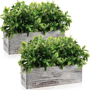 Lyrow 2 Pack Artificial Eucalyptus Plant in Rustic Rectangular Wooden Planter Box Artificial Plants for Home Decor Indoor Faux Potted Herb Plant Greenery Arrangement for Gifts Wedding Indoor Decor