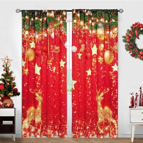 BLEUM CADE Merry Christmas Curtains for Living Room Gold Sparkle Stars Reindeers String Lights Pines Print Blackout Curtains Xmas Rod Pocket Thermal Insulated Window Drapes Set of 2 Panel, 52" x 84"