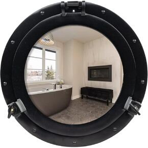 12" Antique Wall Mounted Premium Aluminium and Steel Alloy Vintage Ship's Porthole | Bathroom Window Mirror | Pirate's Maritime Nautical Themed Decor - 1 Pc, Black Finish