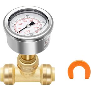 MEASUREMAN Push to Connect Pressure Gauge 0-200Psi Stainless Steel Vibration Proof, 2" Dial Size, with 1/2 Inch Push Fit Plumbing Tee