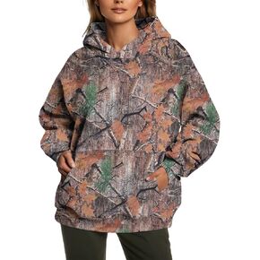 Womens Camo Hoodies Fleece Oversized Hooded Sweatshirts Fashion Tree Leaf Graphic Pullover Tops