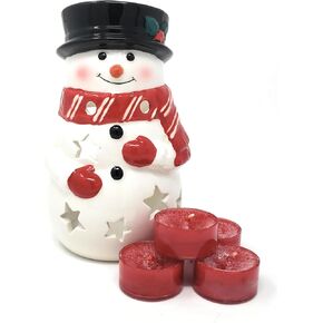 Yankee Candle Snowman Candle Holder - Ceramic Tea Light Snowman Luminary with 4 Sparkling Cinnamon Tea Lights - Gift Set, White Red Black