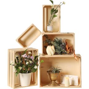 KMwares Set of 5 Vintage Rustic Solid Wood Decorative Nesting Wooden Crates Storage with Open Handles - Multipurpose Wood Crafted Boxes/Bathroom Kitchen,Laundry Crates/Fruits & Vegetables Boxes