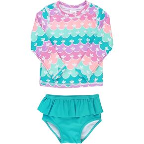 RuffleButts Baby/Toddler Girls Skirted Long Sleeve Rash Guard Bikini UPF50+ Sun Protected Swimsuit