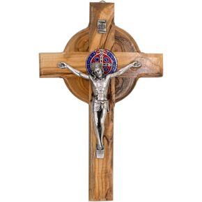 6.5" Saint Benedict Olive Wood Crucifix Made in the Holy Land | Red and Blue Medal Behind Corpus | Wall Cross for Home, Office, or Classroom | Catholic Patron Saint of Students | Made in Jerusalem