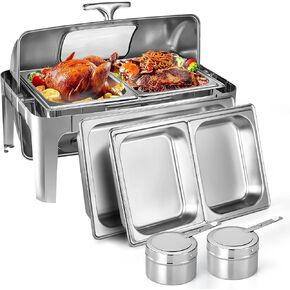 9 Qt Electric Chafing Dish Buffet Set, with Roll Top Viewing Lid, Stainless Steel Food Warming Tray, for Parties, Dinners and Catering, 1PACK