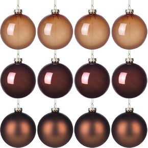 Brown Glass Christmas Ornaments(3.15In/80mm, Set of 12) Dark Brown/Chocolate Brown/Matte Brown Christmas Ornaments, Neutral Christmas Ornaments, Brown Ornaments for Christmas Tree