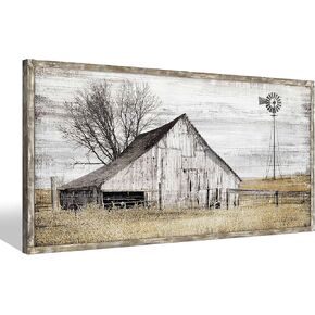 Farmhouse Framed Wall Art Picture: Rustic Barn Farm Wood Artwork Decor Large Country Landscape Windmill Print Horizontal Panoramic Countryside Rural Nature Scene Painting for Living Room Bedroom