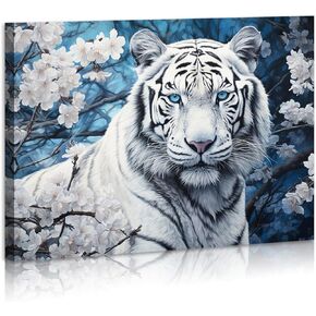 White Tiger Wall Art Tiger Face Portrait Framed Canvas Print Wall Art Flower Tiger Teen Girls Art for Living Room Home Bedroom Decoration Modern Framed Artwork Decor Ready to Hang 12"x16"