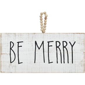 PARISLOFT Be Merry Whitewashed Wood Wall Hanging Plaque Sign with Natural Wood Bead String Hanger, Christmas Decoration Wood Sign for Home, Office