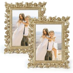 5x7 Wedding Frame Gold, 2 Pack Decorative Picture Frame with Stand for Tabletop Shelf Decor, Antique Brass Floral Photo Frame for Christmas Thanksgiving Engagement Gift