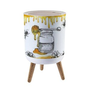 Small Trash Can with Lid for Bathroom Kitchen Office Diaper vintage drawing honeycombs honey bees design for packaging yellow Bedroom Garbage Trash Bin Dog Proof Waste Basket Cute Decorative