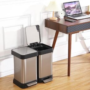Fashionwu Dual Trash Can, Stainless Steel 2 x 5 Gal (2 x 20L) Garbage Can, Double Steel Pedal Recycle Bin with Lid and Inner Buckets, Rectangular Hands-Free Kitchen Trash Can
