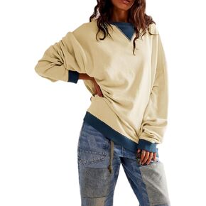 Bozanly Womens Casual Crewneck Color Block Long Sleeve Drop Shoulder Oversized Pullover Tops Sweatshirts