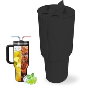 2-in-1 Drink Separator Silicone Liner for Stanley Cup 40oz, Inner Cup Section Tray with Lid and Handle, Stanley Cup Accessories Reusable Cup Insert Divider for Cold and Hot Drinks, Black